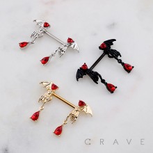 TEARDROP DANGLE BAT WING HAND CZ HEART 316L SURGICAL STEEL NIPPLE RING